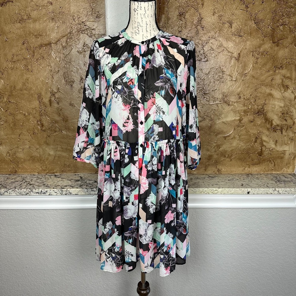 Rebecca Minkoff Mini A Line Dress Women 8 Button Front Floral Pleated Multicolor